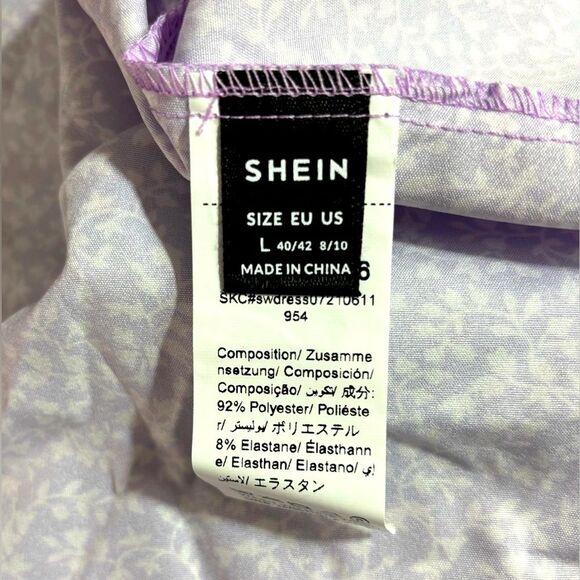 SHEIN Purple Plants Print Drawstring Ruched Front Dress Size Large NWOT - Picture 6 of 7